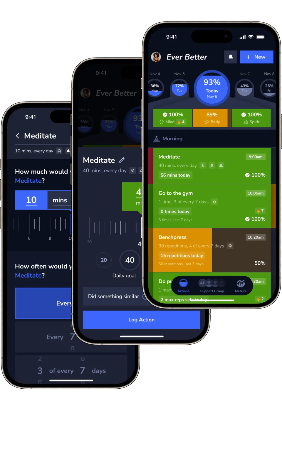 Ever Better screens for creating and tracking personal actions
